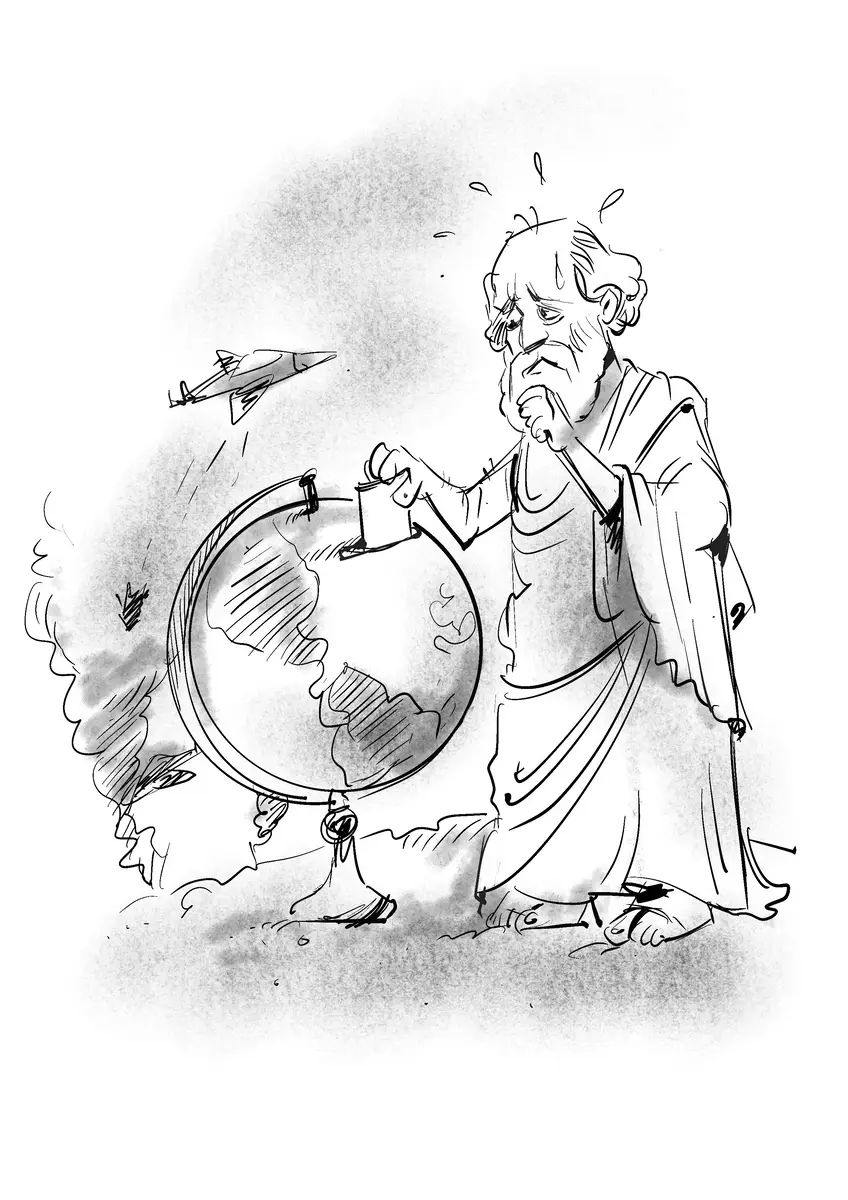Thoughtful philosopher before a globe, warplane in the background — drawing by Sana Hosseinpour