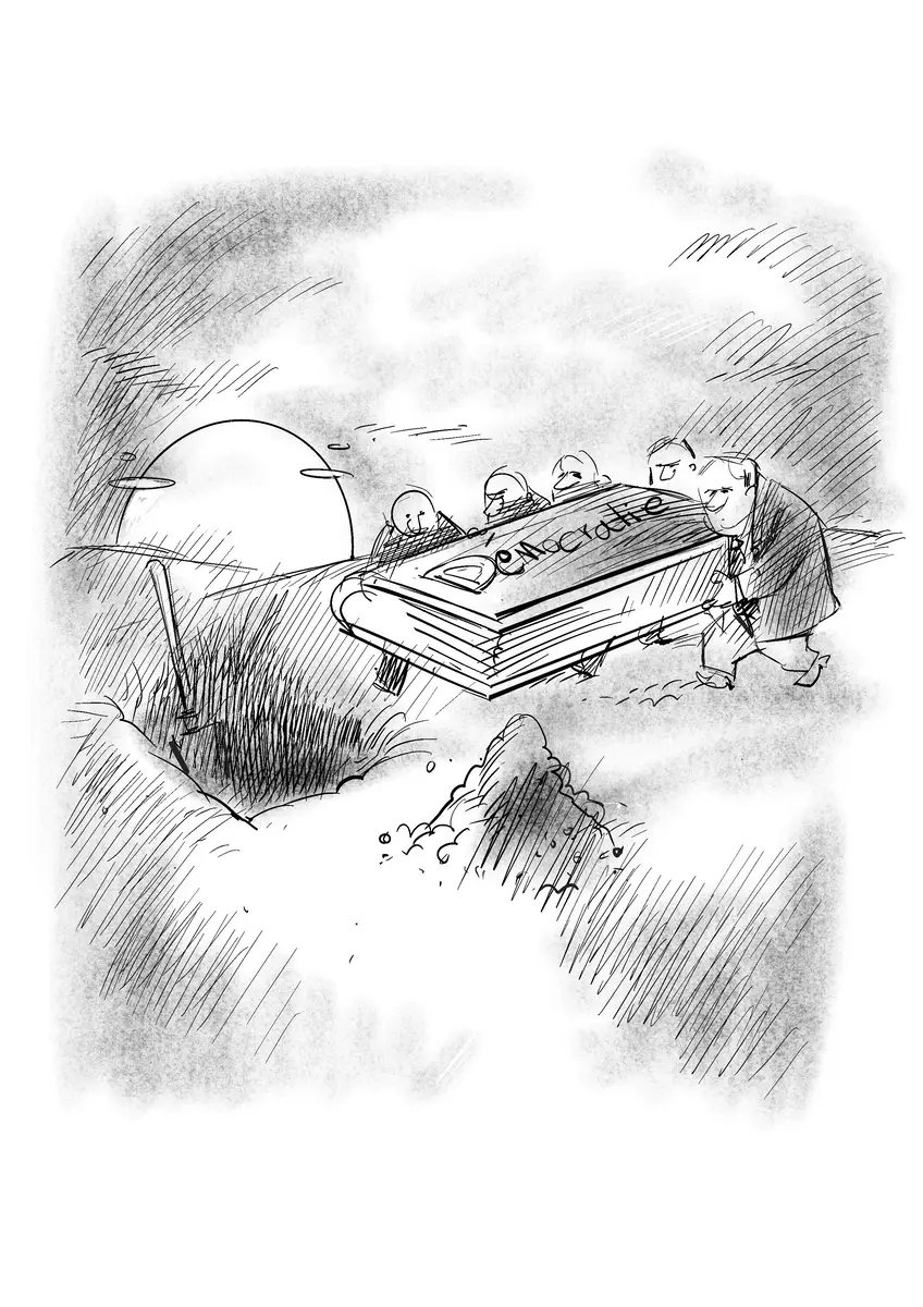 Figures carrying a coffin marked "Democracy" — drawing by Sana Hosseinpour