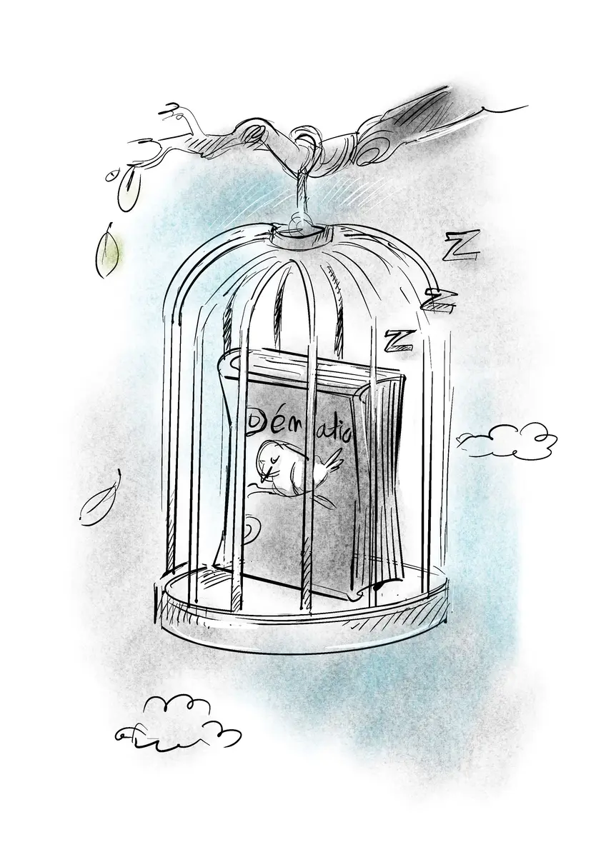 Hanging birdcage with a sleeping book inside — drawing by Sana Hosseinpour