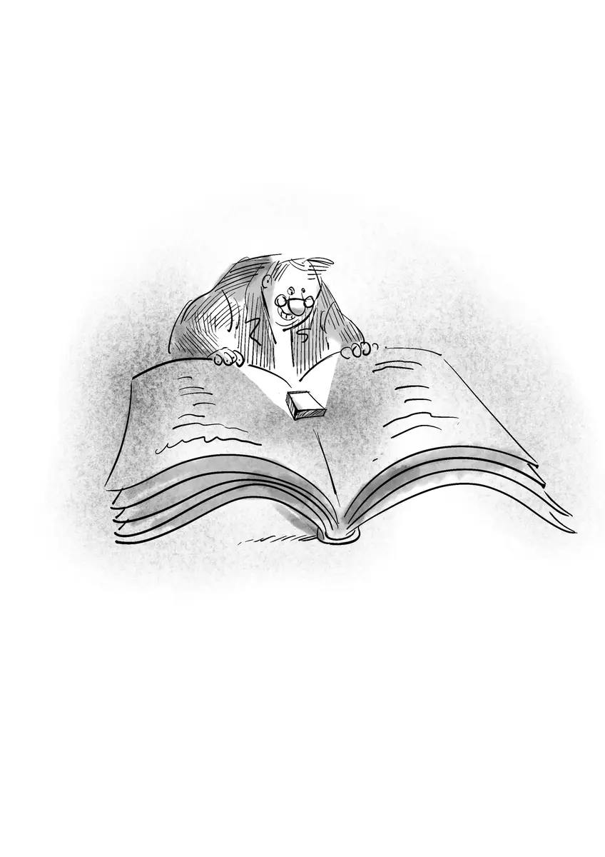 Smiling figure watching a mobile inside a large open book — drawing by Sana Hosseinpour