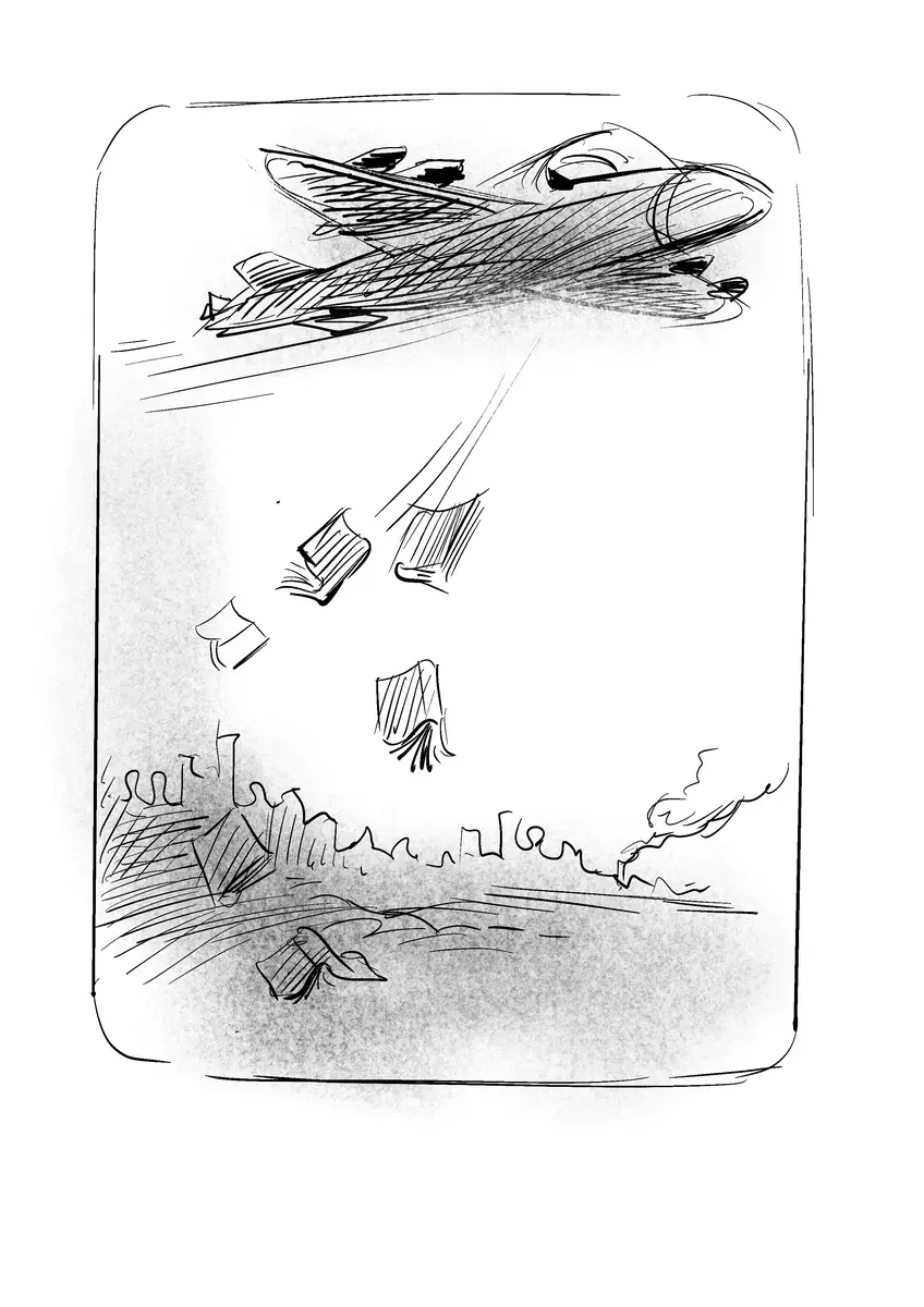 Plane dropping books over a ruined city — drawing by Sana Hosseinpour