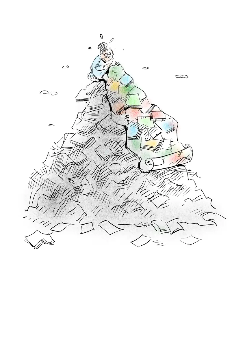 Lady seated atop a huge pile of colourful books — drawing by Sana Hosseinpour