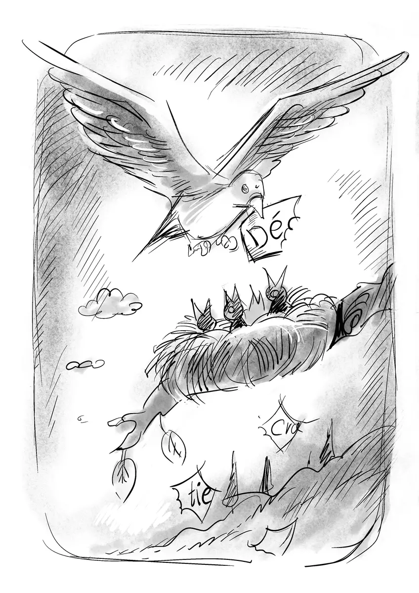Dove carrying a message to a nest of chicks — drawing by Sana Hosseinpour