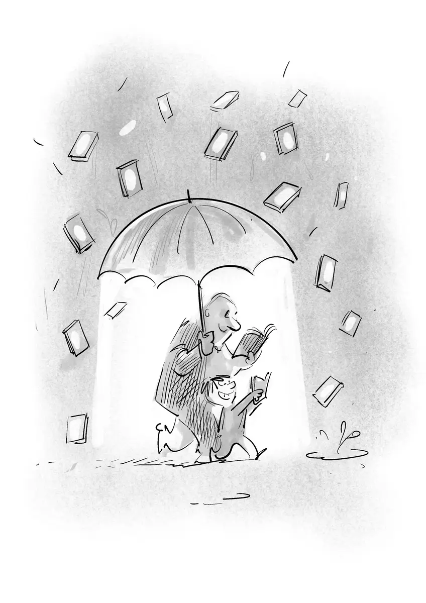 Father and child reading under an umbrella while it rains books — drawing by Sana Hosseinpour