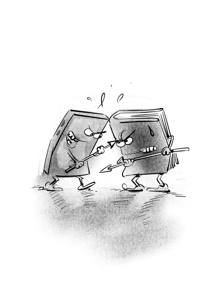 Animated smartphone and book facing off in a duel — drawing by Sana Hosseinpour