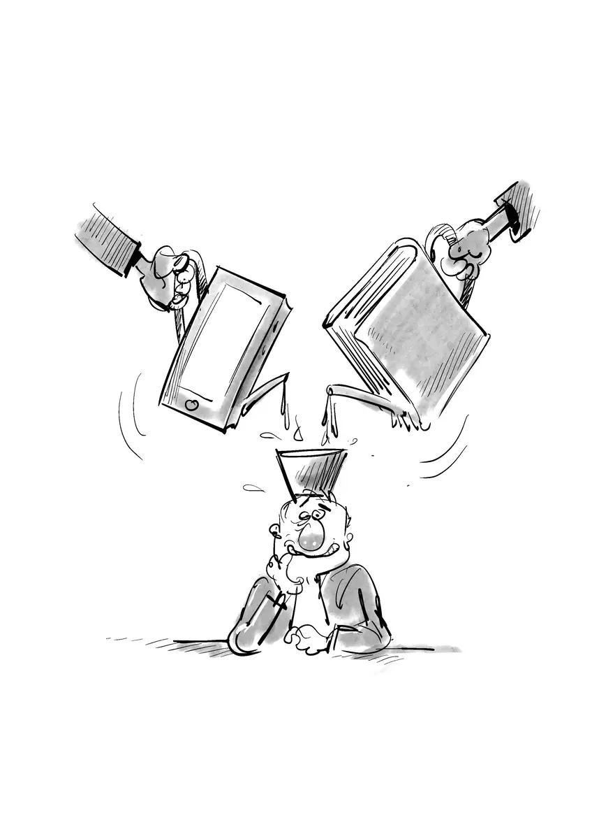 Figure receiving the contents of a smartphone and a book poured into their head — drawing by Sana Hosseinpour