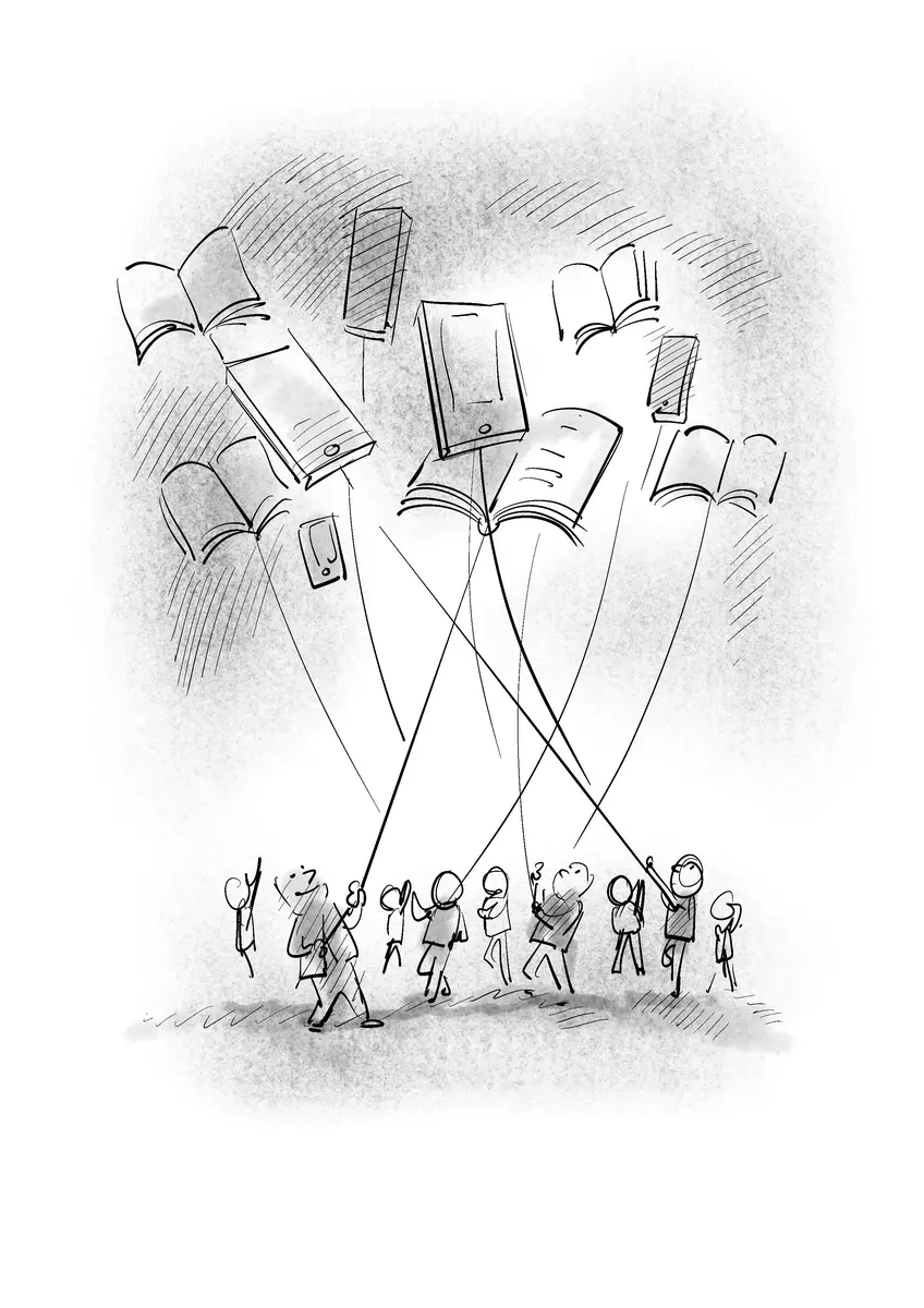 Children flying books and tablets like kites — drawing by Sana Hosseinpour