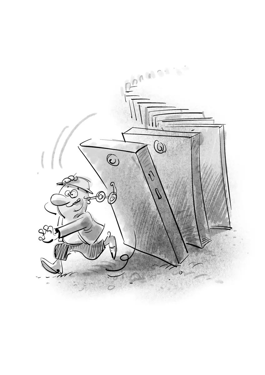 Cascade of smartphones falling like dominoes, figure running away — drawing by Sana Hosseinpour