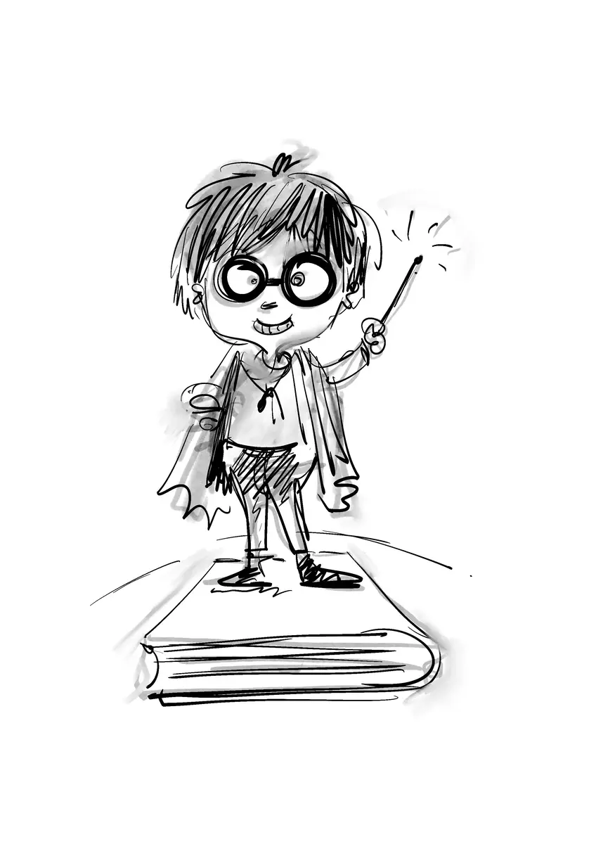 Child with round glasses and a magic wand standing on a book — drawing by Sana Hosseinpour