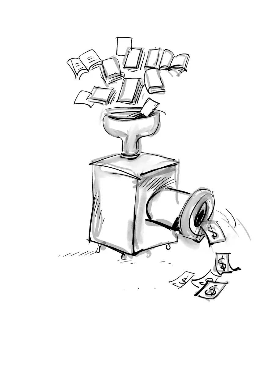 Machine grinding books to produce dollar bills — editorial caricature by Sana Hosseinpour