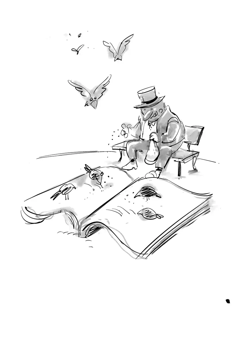 Gentleman feeding birds with the pages of a large book — drawing by Sana Hosseinpour