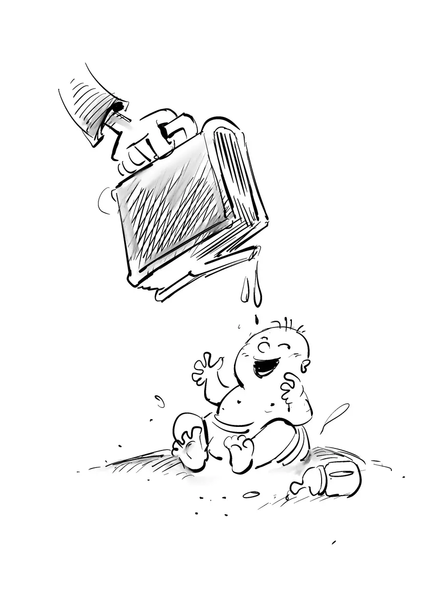 Book-shower bathing a delighted baby — drawing by Sana Hosseinpour