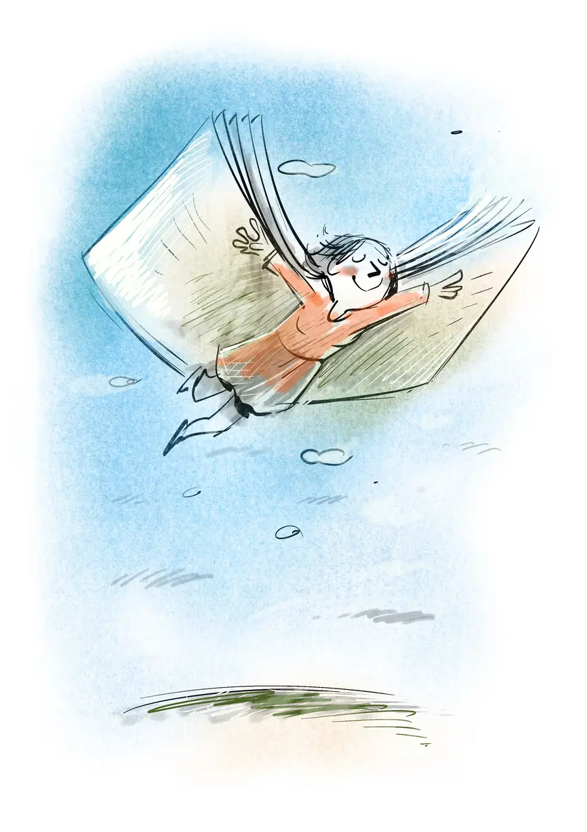 Child flying on a book like a magic carpet — watercolour by Sana Hosseinpour