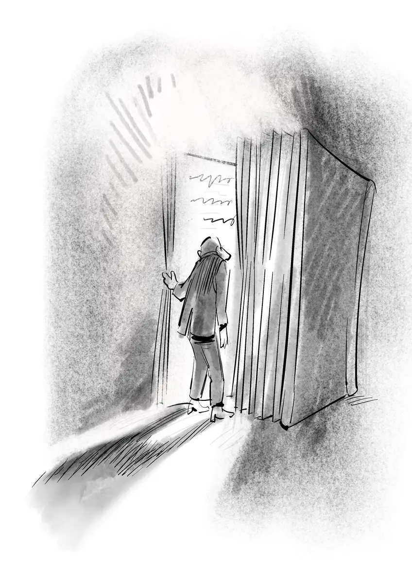 Figure opening a large book-door towards the light — drawing by Sana Hosseinpour