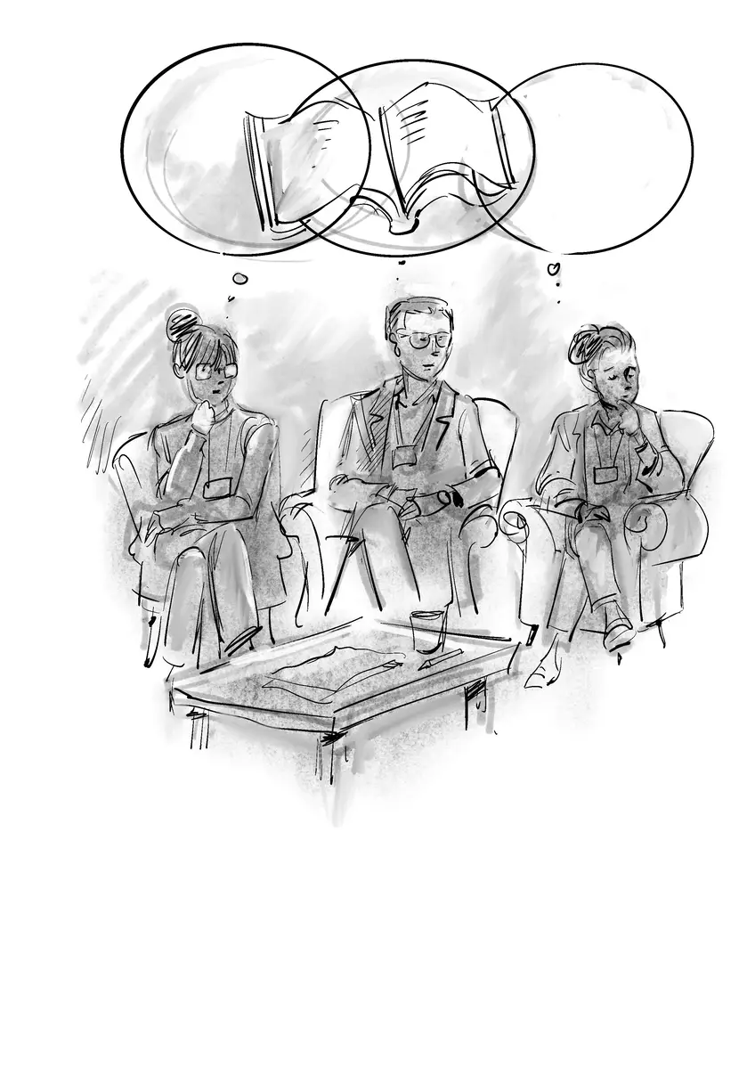 Three people in a meeting imagining books and smartphones — drawing by Sana Hosseinpour