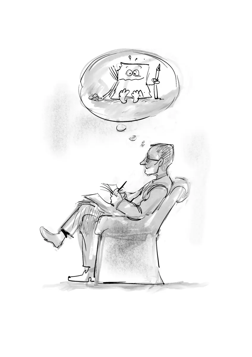 Man in an armchair imagining an animated painting — illustrator at work, drawing by Sana Hosseinpour