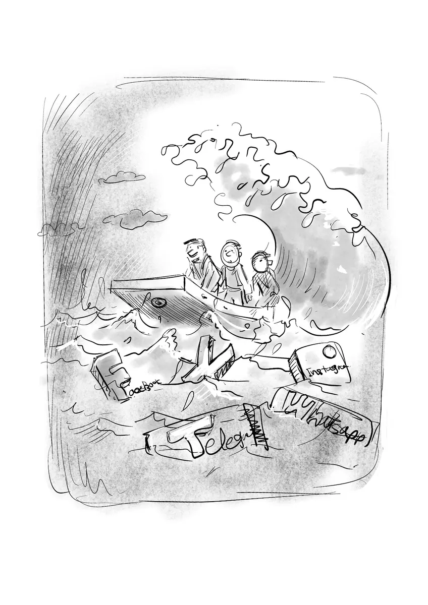 Figures stranded on a smartphone, social-media logos adrift — drawing by Sana Hosseinpour