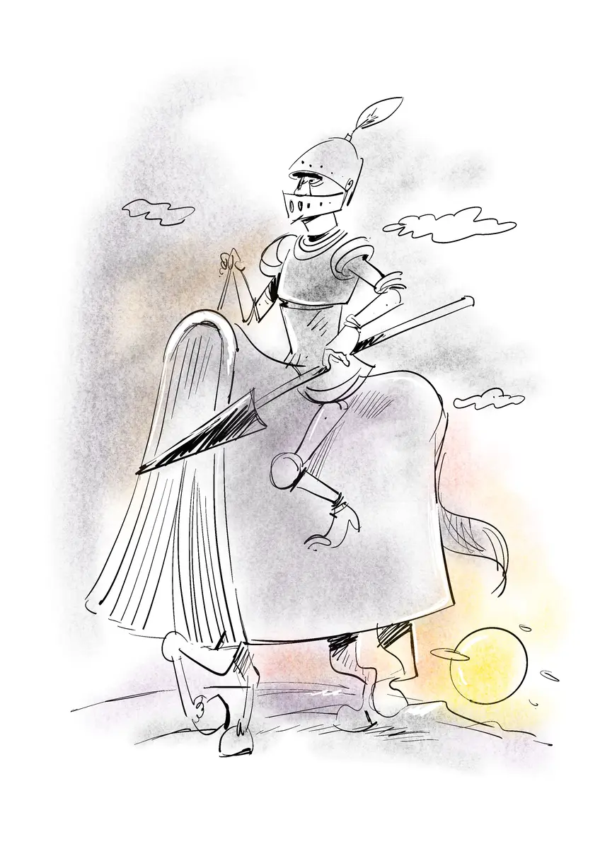 Medieval knight in armour riding a book, holding a quill and a lance — drawing by Sana Hosseinpour