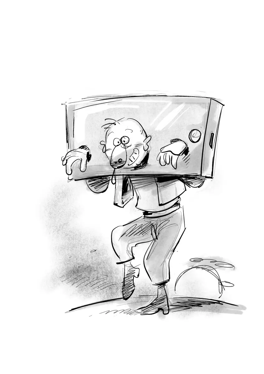 Man whose head is stuck inside a smartphone — screen addiction, drawing by Sana Hosseinpour