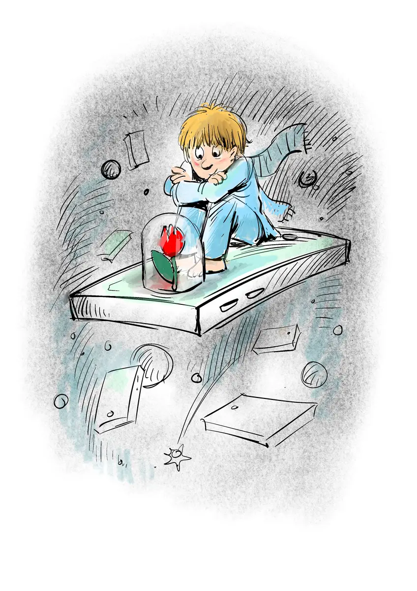 Child seated on a smartphone in space, rose under a glass dome — inspired by The Little Prince, drawing by Sana Hosseinpour