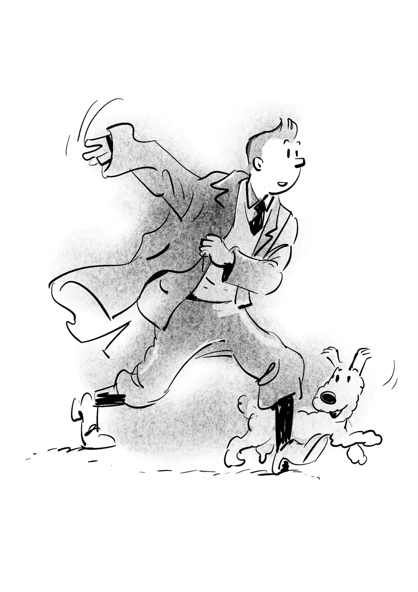 Figure running with their dog — sketch after Tintin and Snowy by Sana Hosseinpour