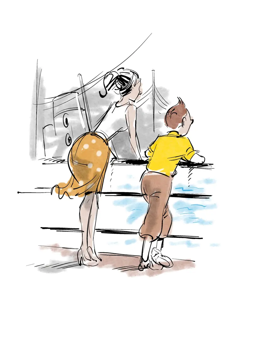 Two people at the edge of a ship looking out to sea — colourful illustration by Sana Hosseinpour