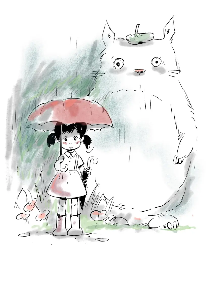 Little girl with red umbrella in the rain beside a gentle giant creature — inspired by Totoro, drawing by Sana Hosseinpour