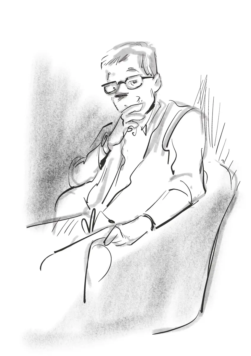 Man with glasses seated, hand under chin — live sketch by Sana Hosseinpour