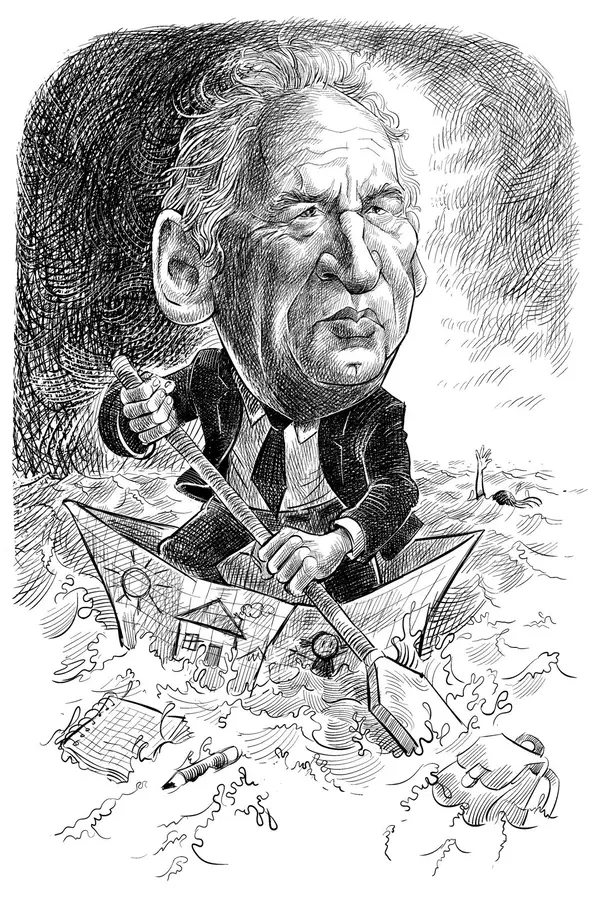 Expressive caricature — man sailing in a paper boat, drawing by Sana Hosseinpour