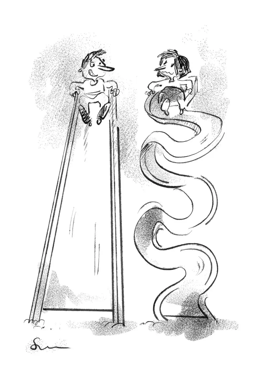 Two figures on parallel slides — one straight, one winding, drawing by Sana Hosseinpour