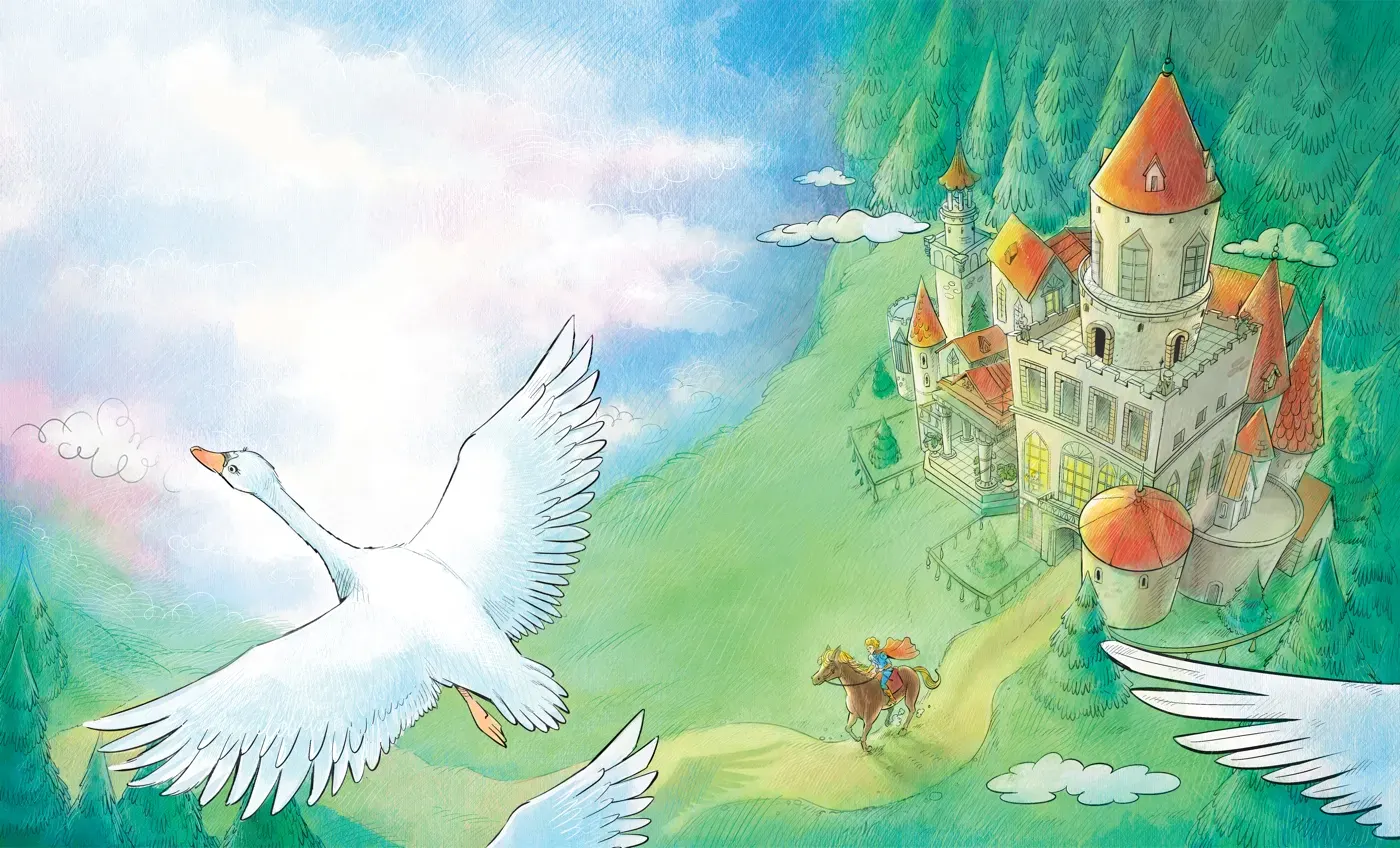 Le Lac des Cygnes — cygne et château royal, aquarelle, Sana Hosseinpour