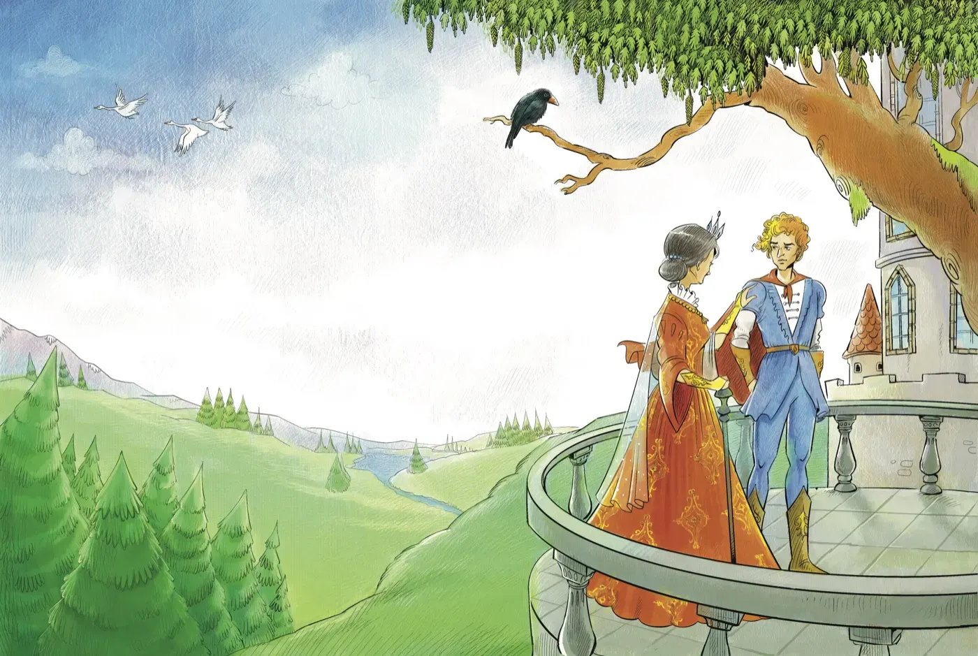 Le Lac des Cygnes — prince et princesse sur le balcon du palais, aquarelle, Sana Hosseinpour