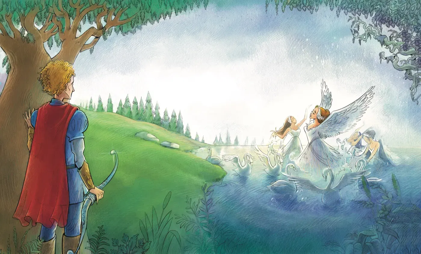 Le Lac des Cygnes — le prince découvre les cygnes au bord du lac, aquarelle, Sana Hosseinpour