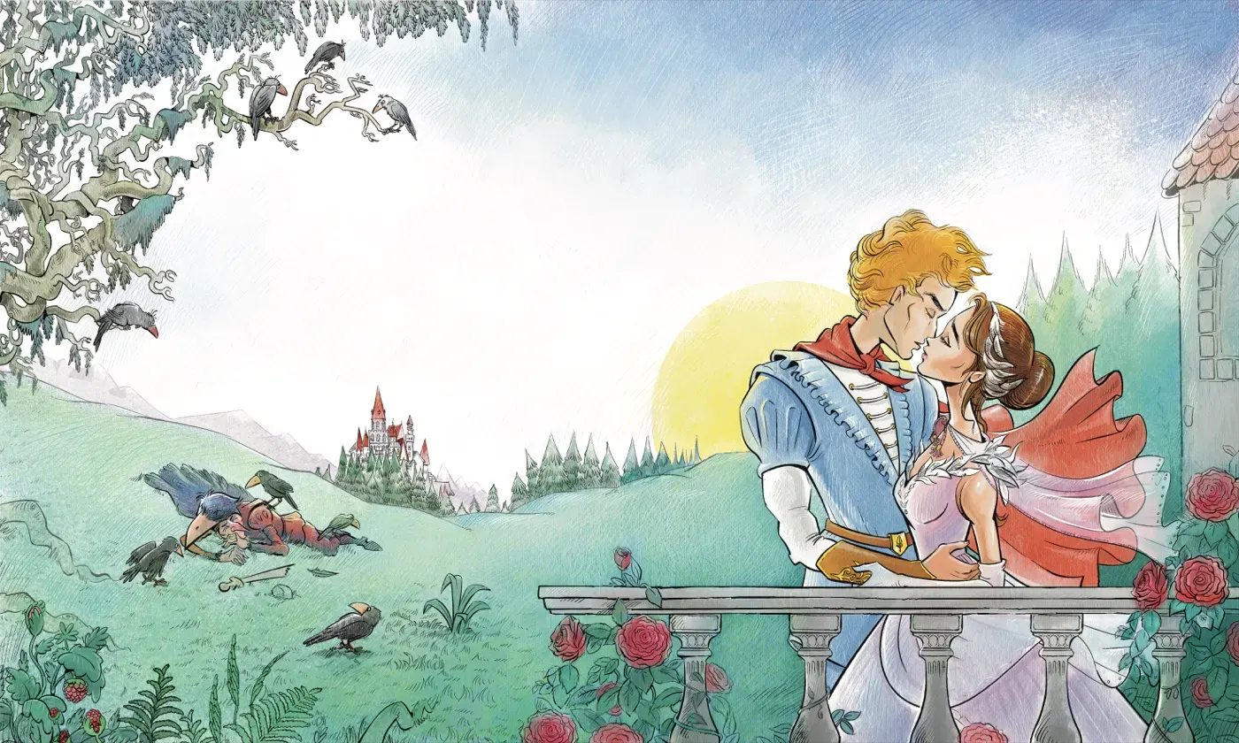 Le Lac des Cygnes — baiser du prince et de la princesse sur le balcon fleuri, aquarelle, Sana Hosseinpour